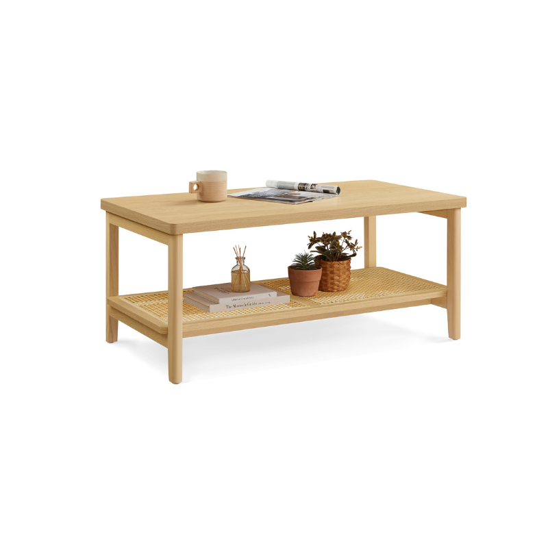 2-Tier Coffee Table with Rattan Shelf – Boho Style – Living Room Table