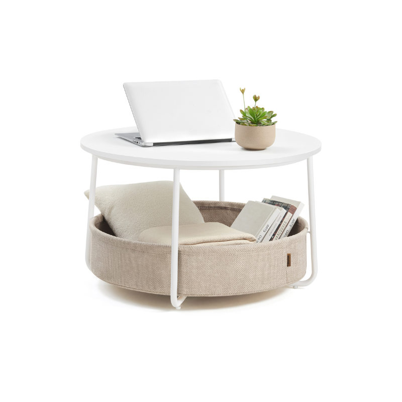 Coffee Table with Fabric Basket – Round Design – Living Room Table