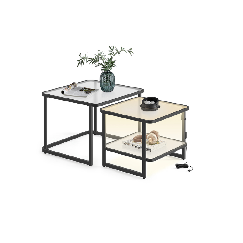 Coffee Table Set of 2 Nesting Tables With LED Lights Storage Shelves