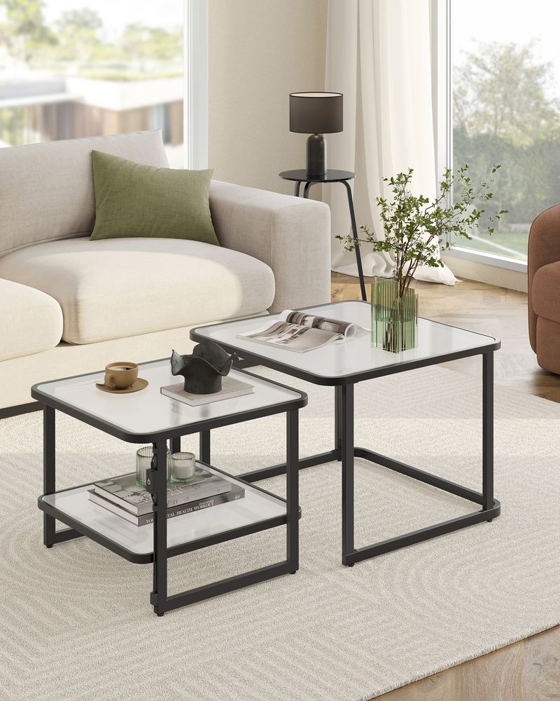 Coffee Table Set of 2 Nesting Tables With LED Lights Storage Shelves