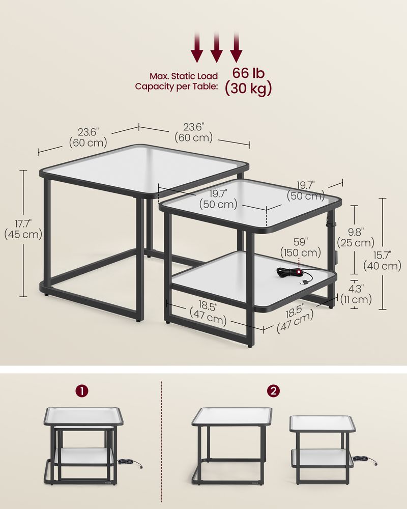 Coffee Table Set of 2 Nesting Tables With LED Lights Storage Shelves