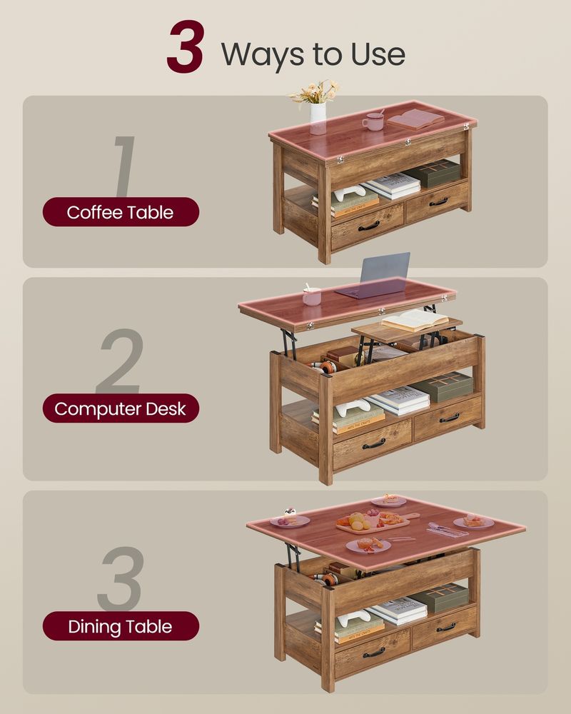 Lift Top Coffee Table With Storage Drawers and Hidden Compartments