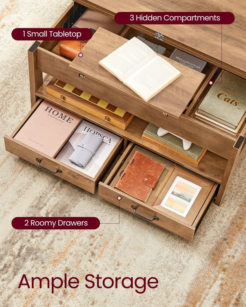 Lift Top Coffee Table With Storage Drawers and Hidden Compartments