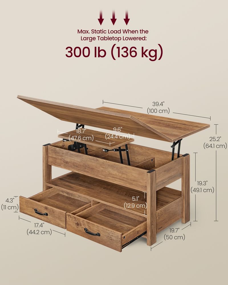 Lift Top Coffee Table With Storage Drawers and Hidden Compartments