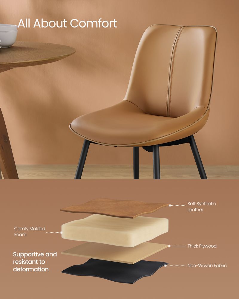 Leather Dining Chairs Set – Padded Seats & Backrest – Steel Legs