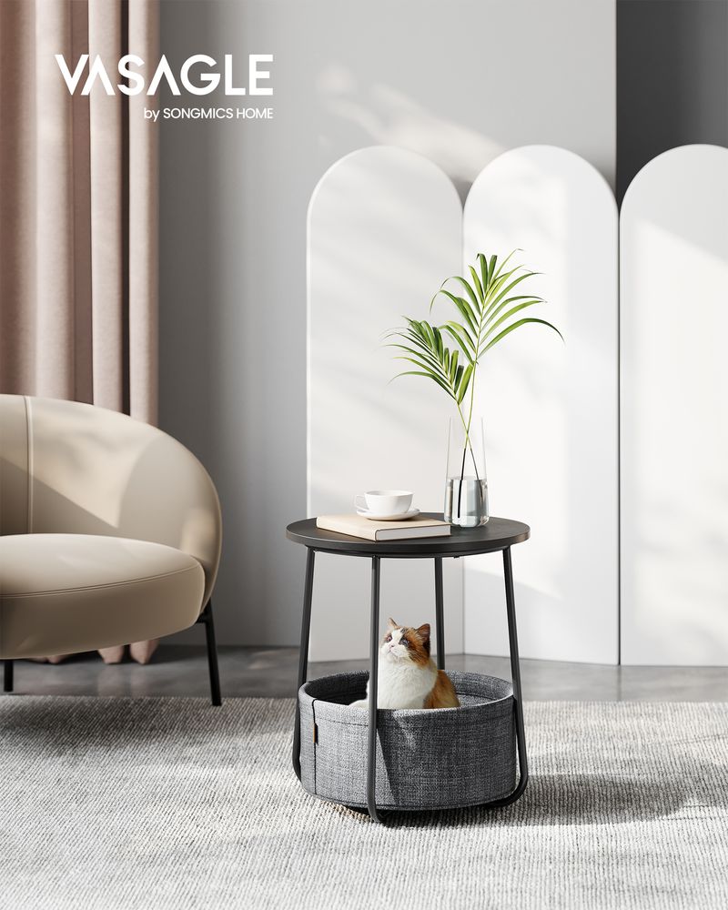 Nightstand - Modern Round - With Fabric Storage Basket