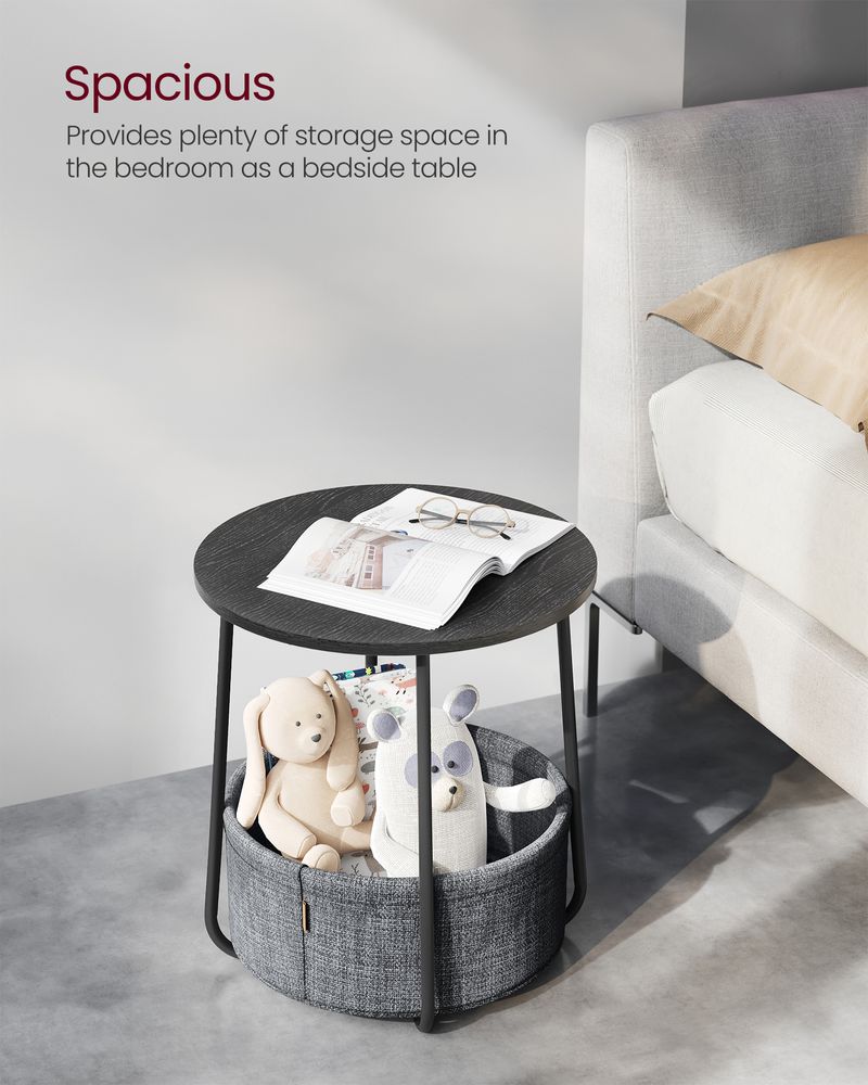 Nightstand - Modern Round - With Fabric Storage Basket