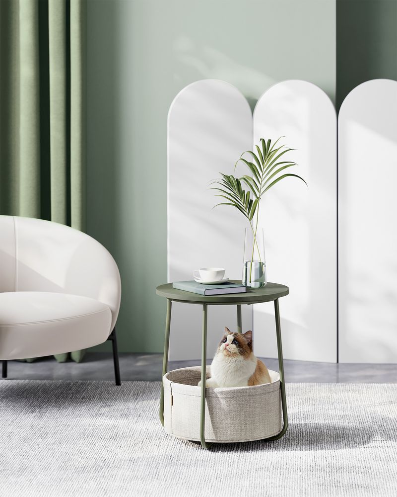 Nightstand - Modern Round - With Fabric Storage Basket