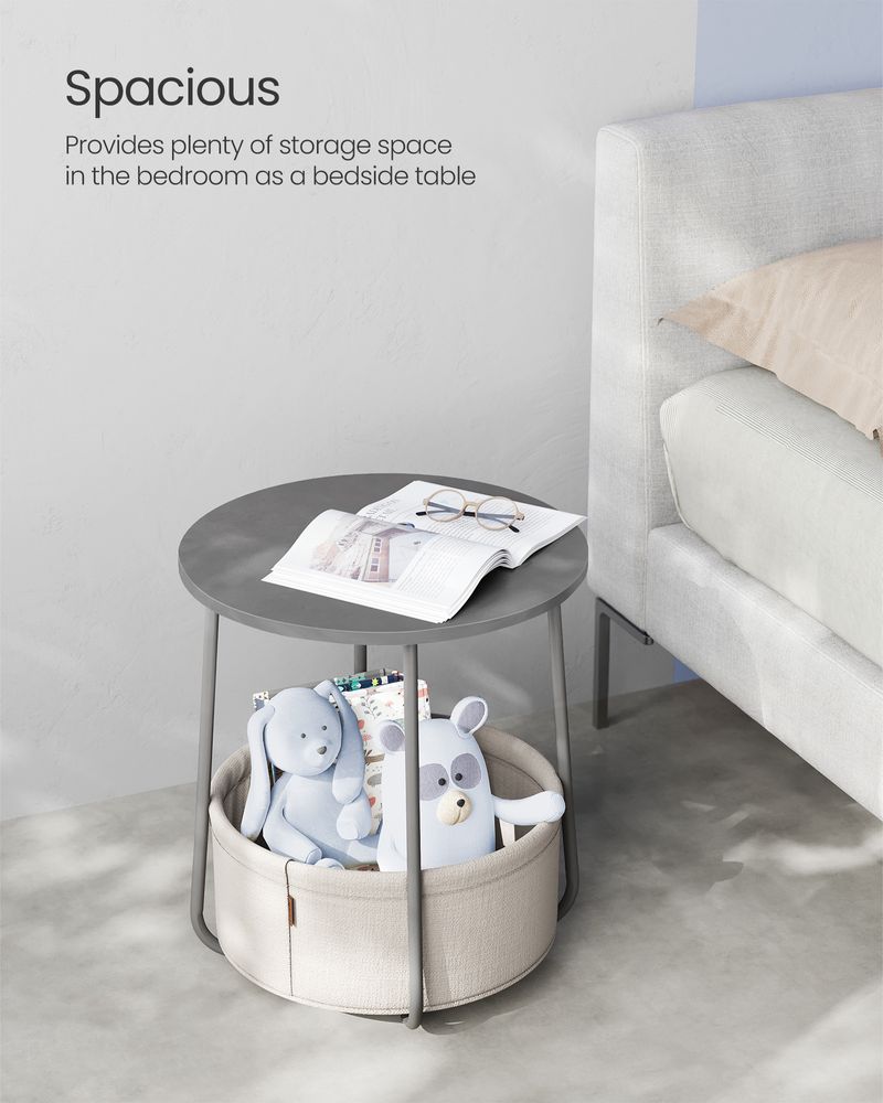 Nightstand - Modern Round - With Fabric Storage Basket