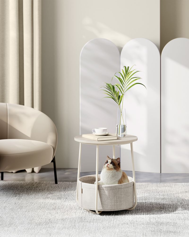 Nightstand - Modern Round - With Fabric Storage Basket