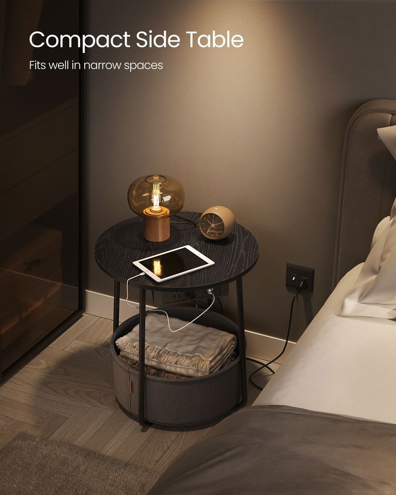 Side Table With Charging Station – Fabric Basket – Metal Legs
