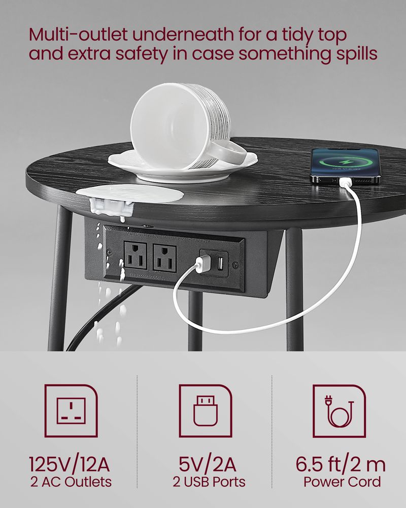 Side Table With Charging Station – Fabric Basket – Metal Legs