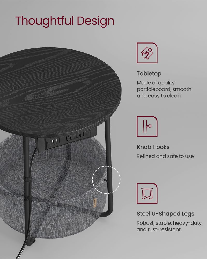 Side Table With Charging Station – Fabric Basket – Metal Legs