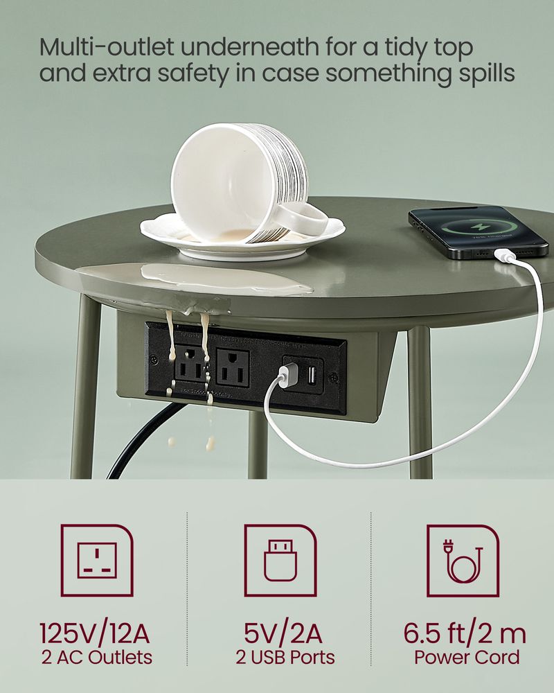 Side Table With Charging Station – Fabric Basket – Metal Legs