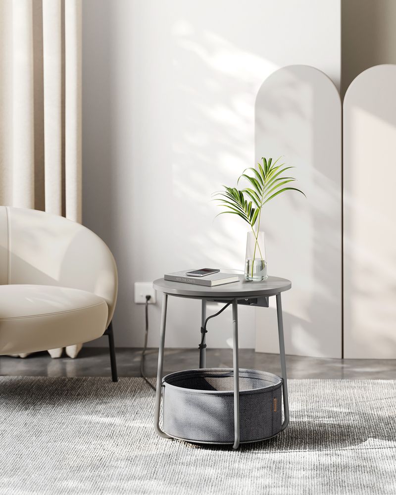 Side Table With Charging Station – Fabric Basket – Metal Legs