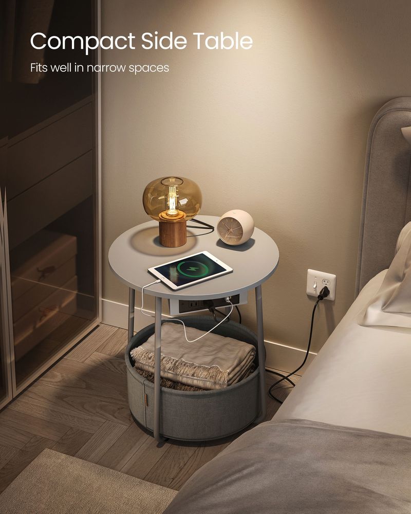 Side Table With Charging Station – Fabric Basket – Metal Legs