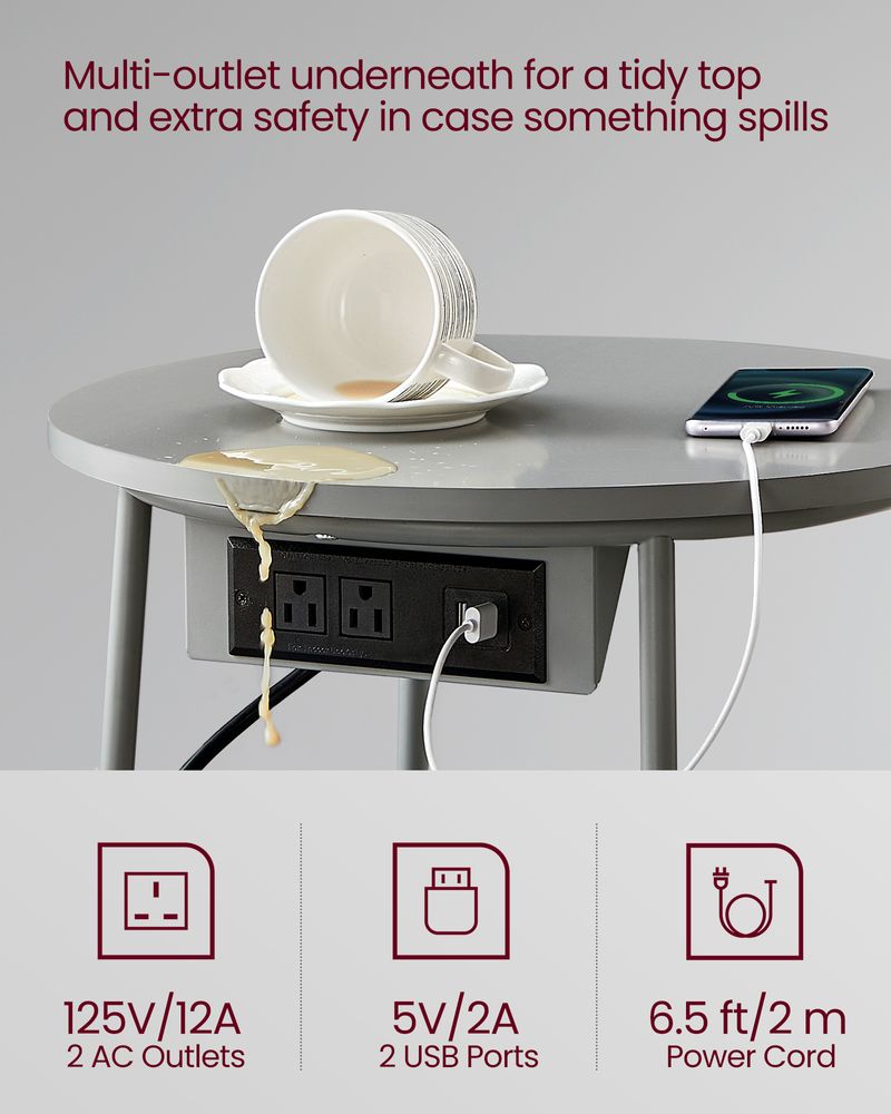 Side Table With Charging Station – Fabric Basket – Metal Legs