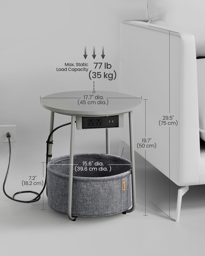 Side Table With Charging Station – Fabric Basket – Metal Legs