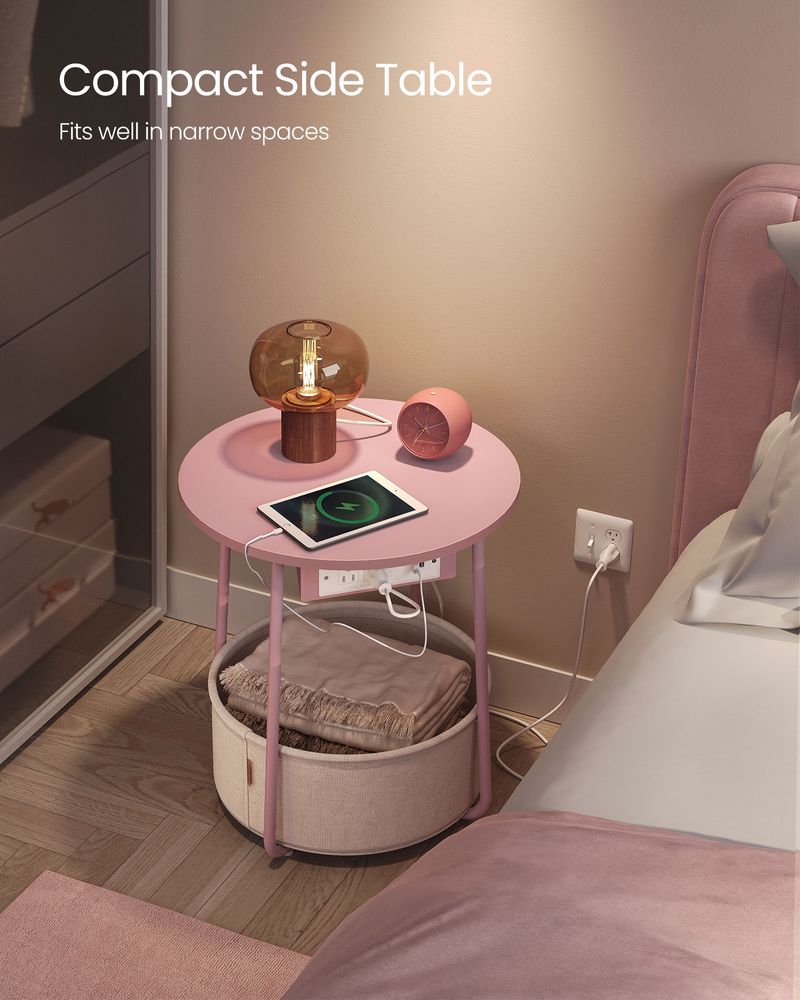 Side Table With Charging Station – Fabric Basket – Metal Legs
