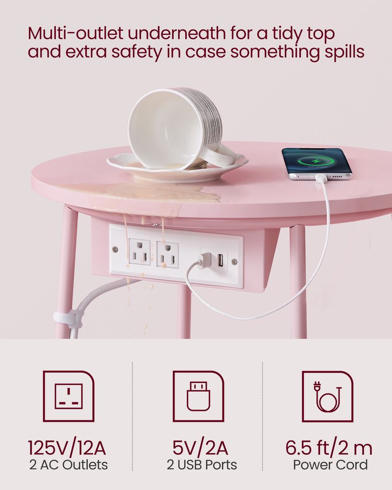 Side Table With Charging Station – Fabric Basket – Metal Legs