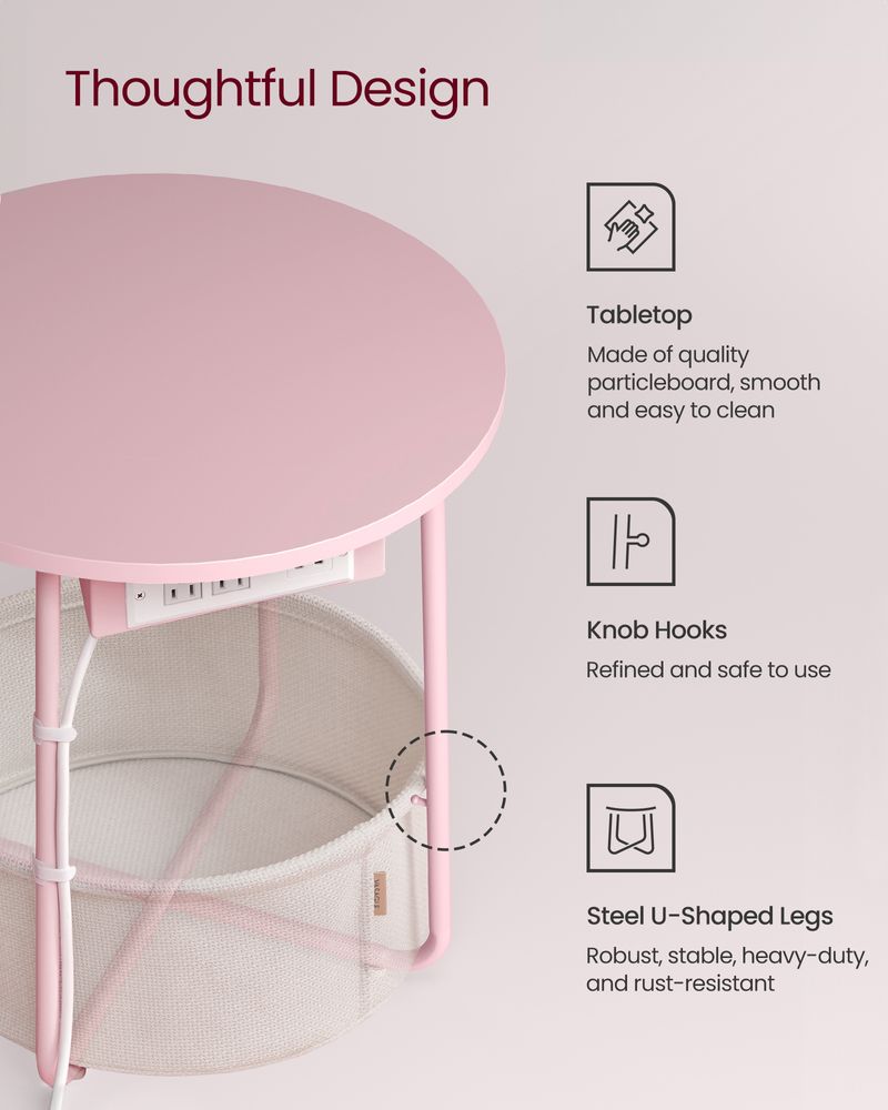 Side Table With Charging Station – Fabric Basket – Metal Legs