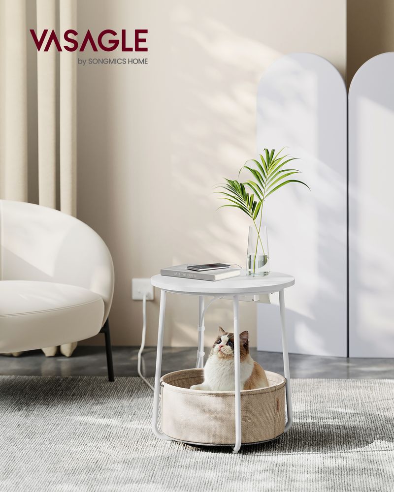 Side Table With Charging Station – Fabric Basket – Metal Legs