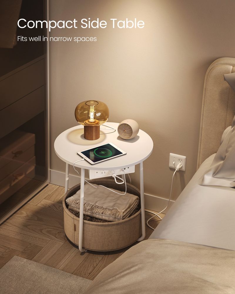Side Table With Charging Station – Fabric Basket – Metal Legs