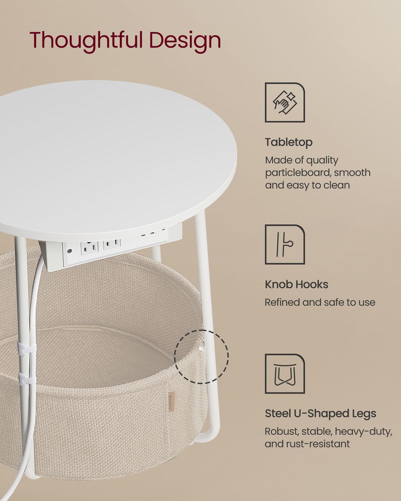 Side Table With Charging Station – Fabric Basket – Metal Legs
