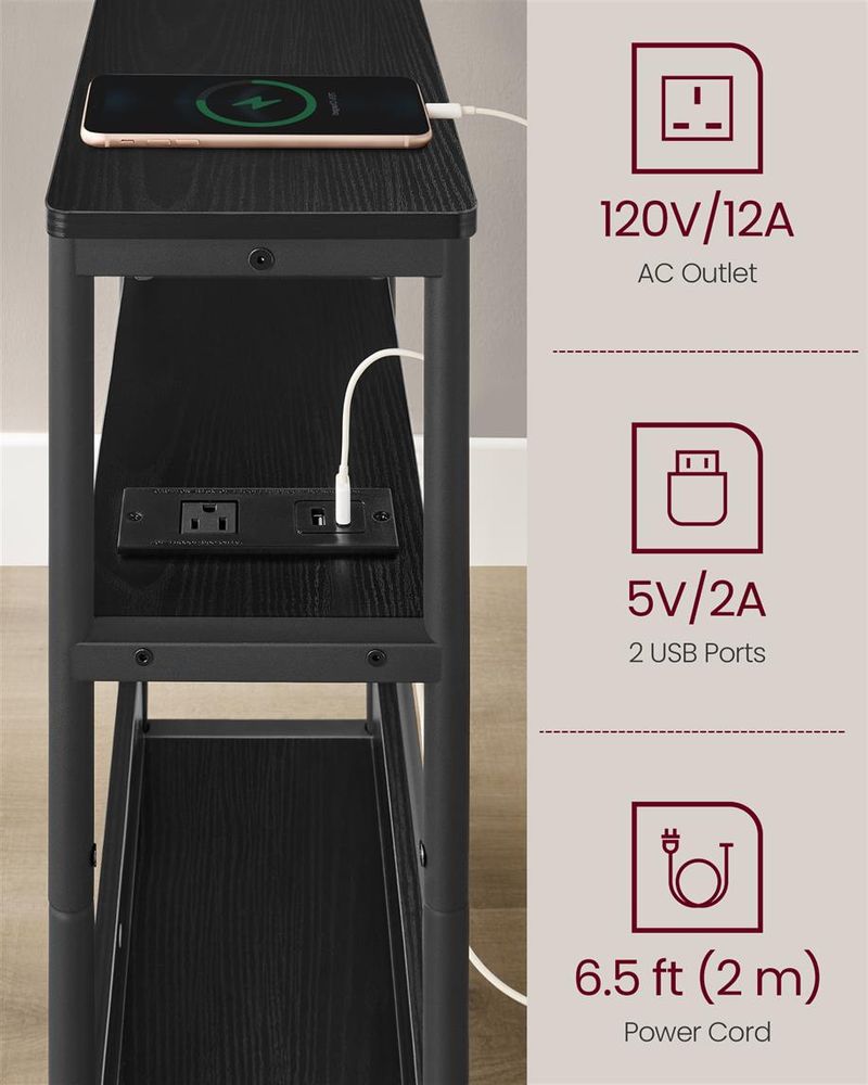 Side Table - Narrow - With Charging Station - 3 Tier