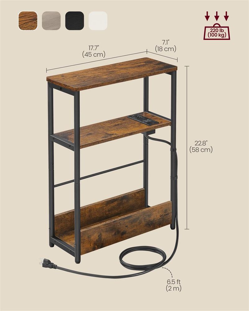 Side Table - Narrow - With Charging Station - 3 Tier