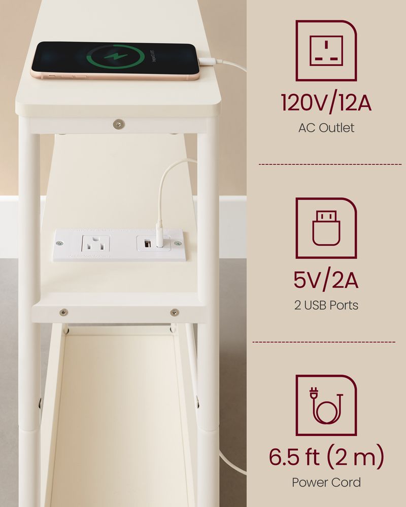 Side Table - Narrow - With Charging Station - 3 Tier