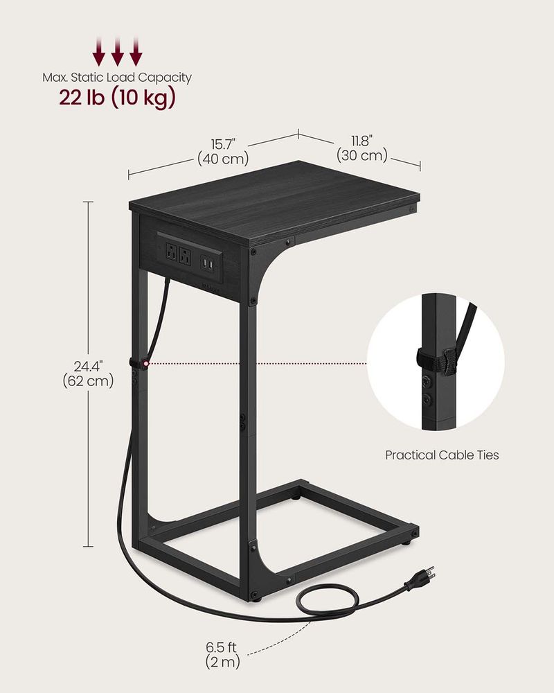 C-Shaped Side Table - With Charging Station - For Sofa Or Bed