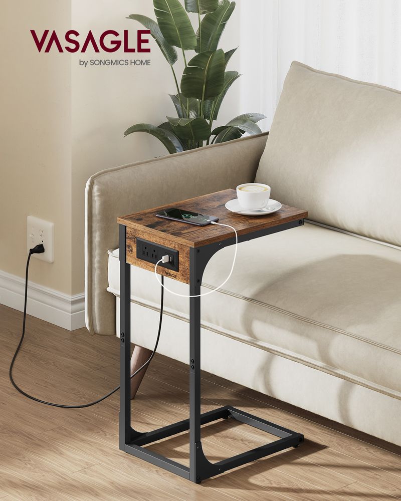 C-Shaped Side Table - With Charging Station - For Sofa Or Bed