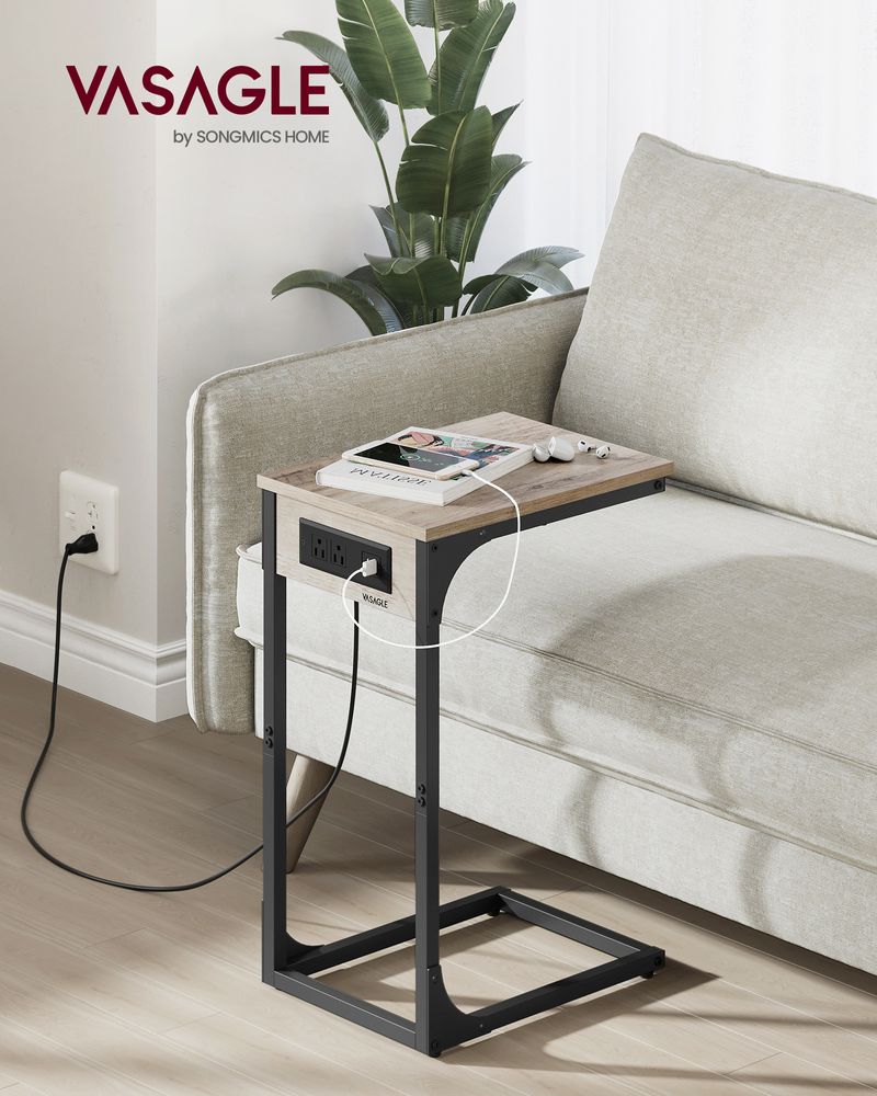C-Shaped Side Table With Charging Station – Slim Design – For Sofa & Bed