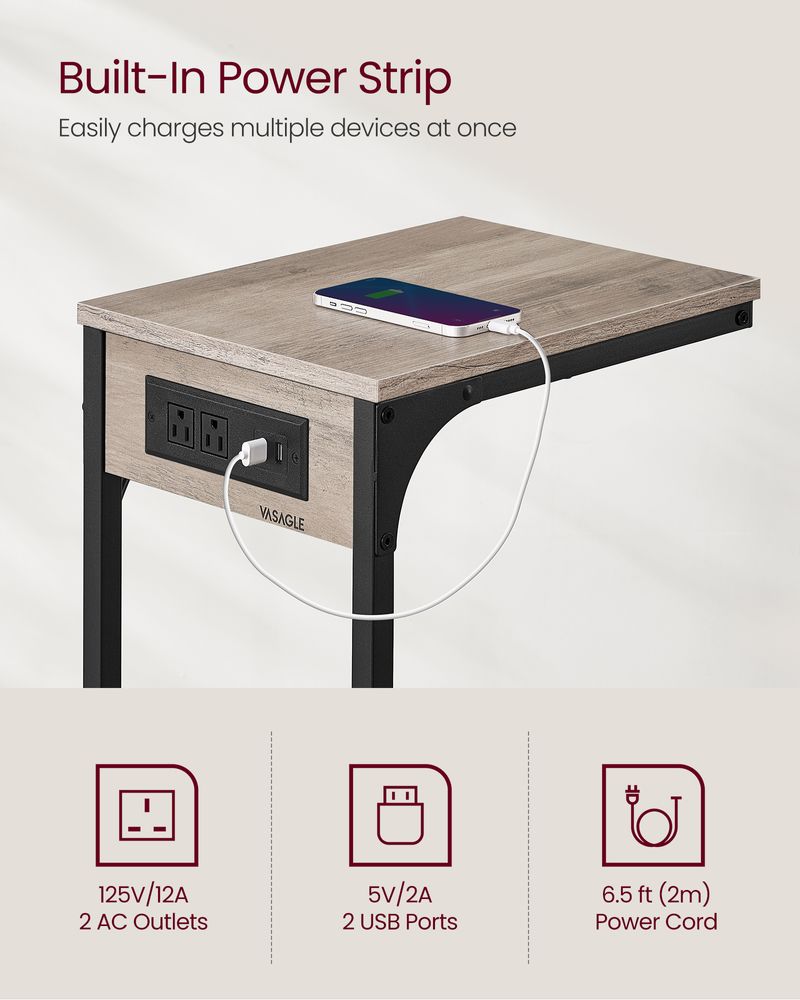C-Shaped Side Table With Charging Station – Slim Design – For Sofa & Bed