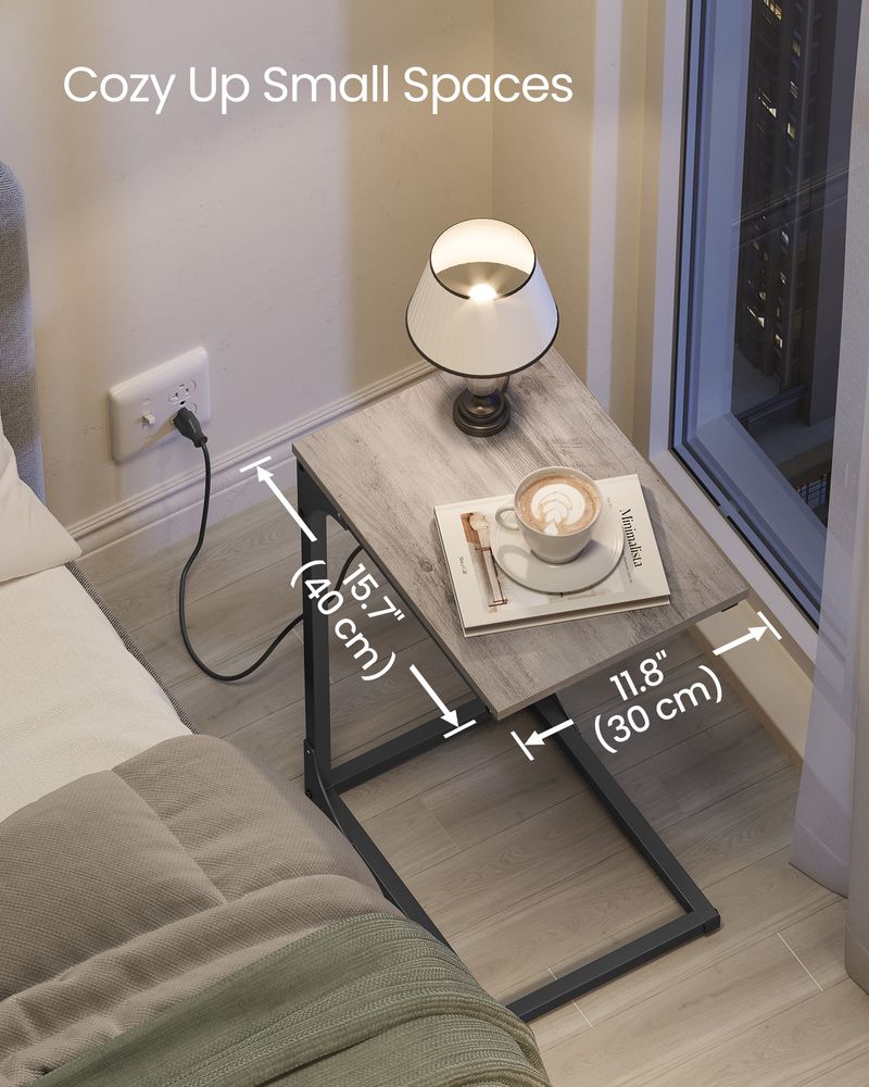 C-Shaped Side Table With Charging Station – Slim Design – For Sofa & Bed
