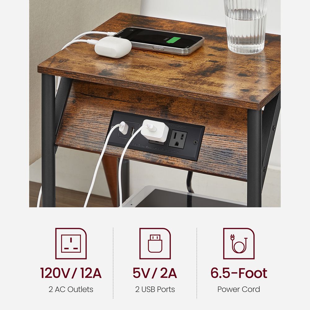 End Table With Charging Station – Storage Shelf – Slim Space-Saving Design