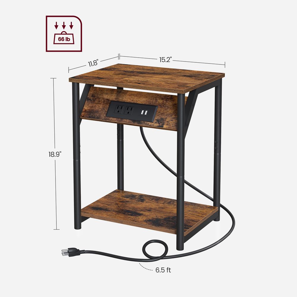 End Table With Charging Station – Storage Shelf – Slim Space-Saving Design