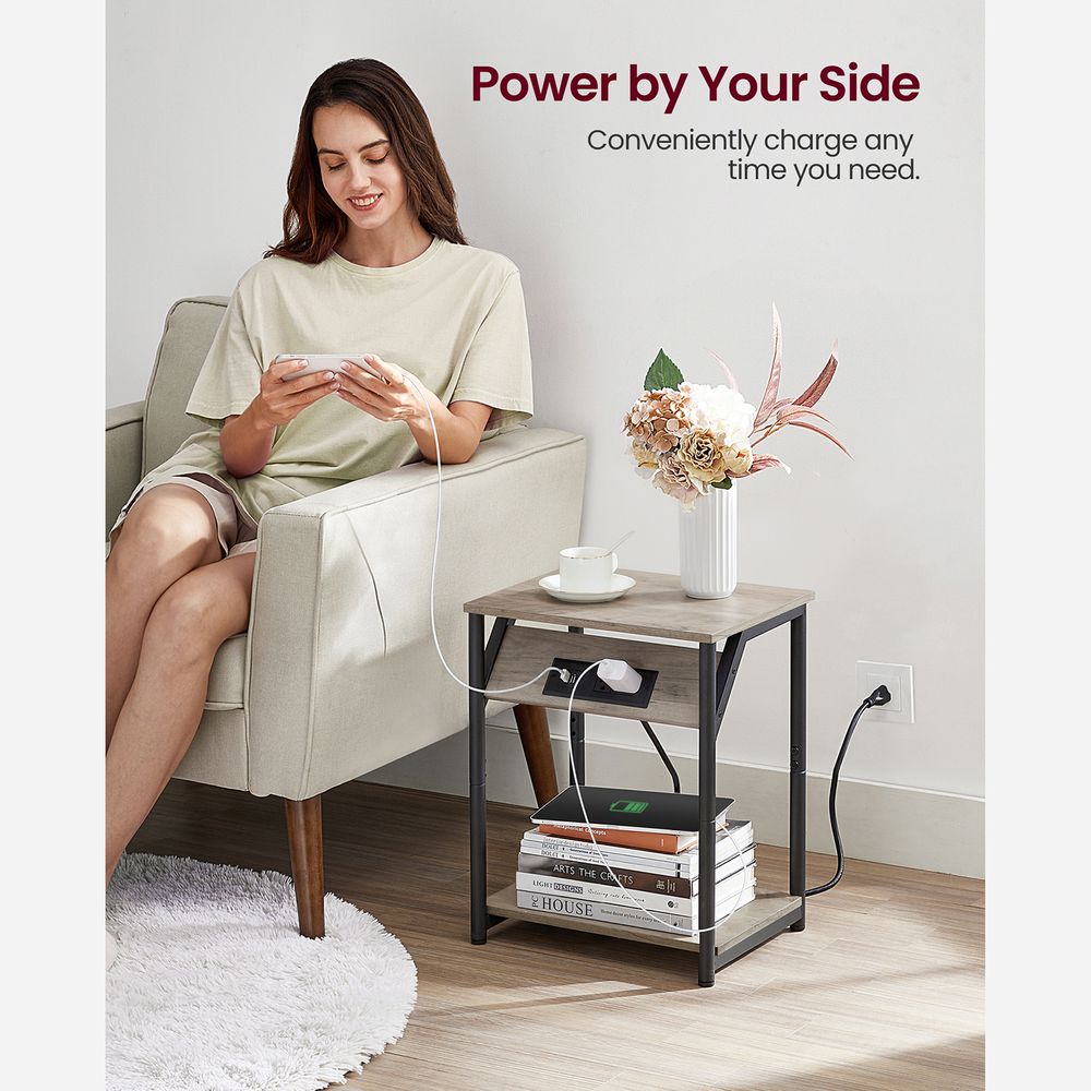 End Table With Charging Station – Storage Shelf – Slim Space-Saving Design