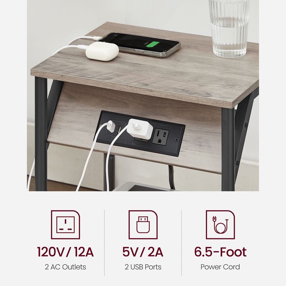 End Table With Charging Station – Storage Shelf – Slim Space-Saving Design