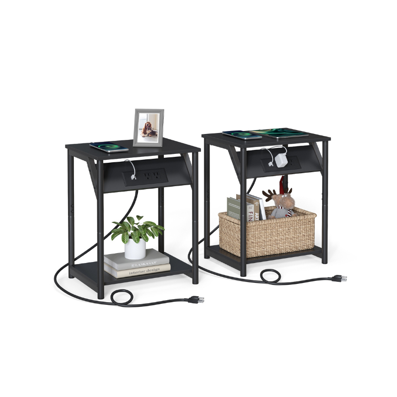 End Table With Charging Station – Storage Shelf – Slim Space-Saving Design