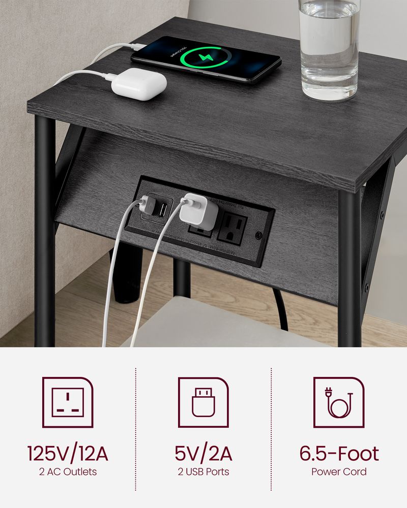 End Table With Charging Station – Storage Shelf – Slim Space-Saving Design