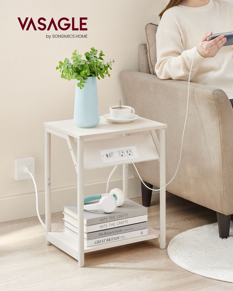 End Table With Charging Station – Storage Shelf – Slim Space-Saving Design