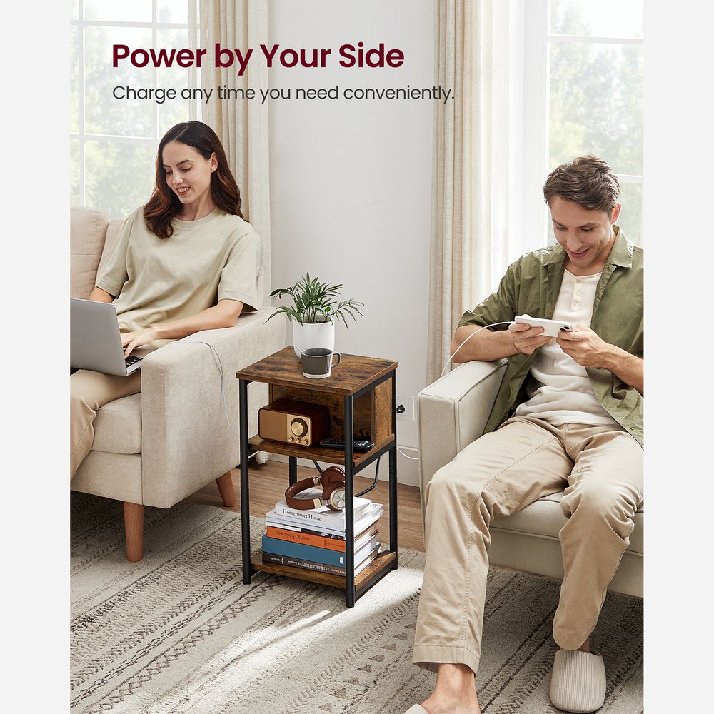 3-Tier End Table With Charging Station – USB Ports & Outlets – Slim Design