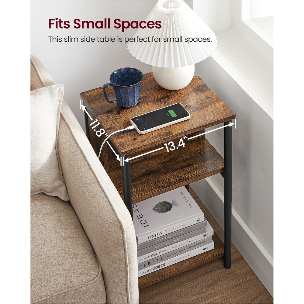 3-Tier End Table With Charging Station – USB Ports & Outlets – Slim Design