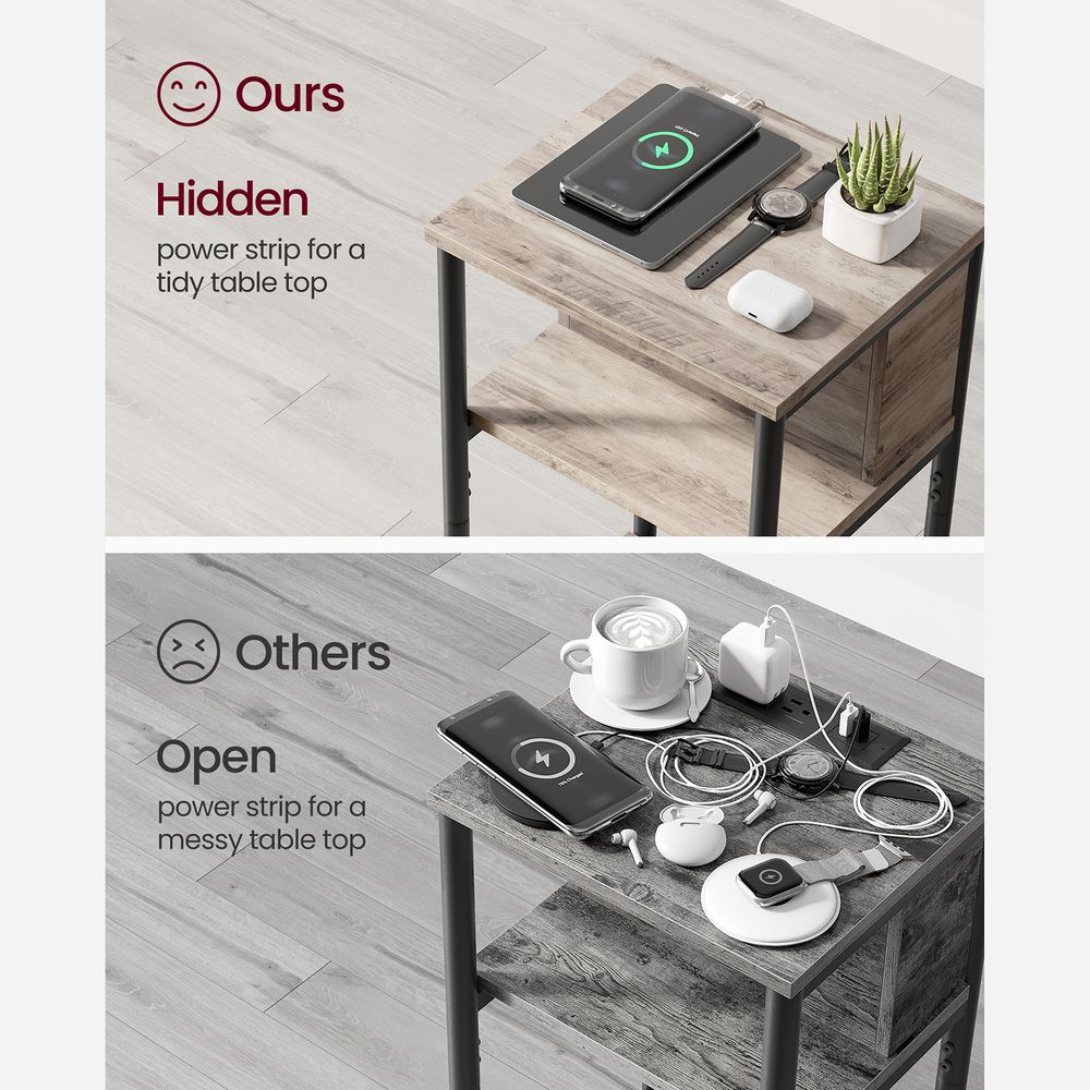 3-Tier End Table With Charging Station – USB Ports & Outlets – Slim Design