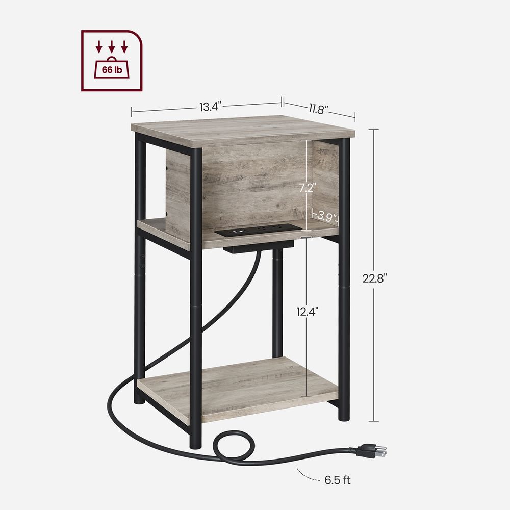 3-Tier End Table With Charging Station – USB Ports & Outlets – Slim Design