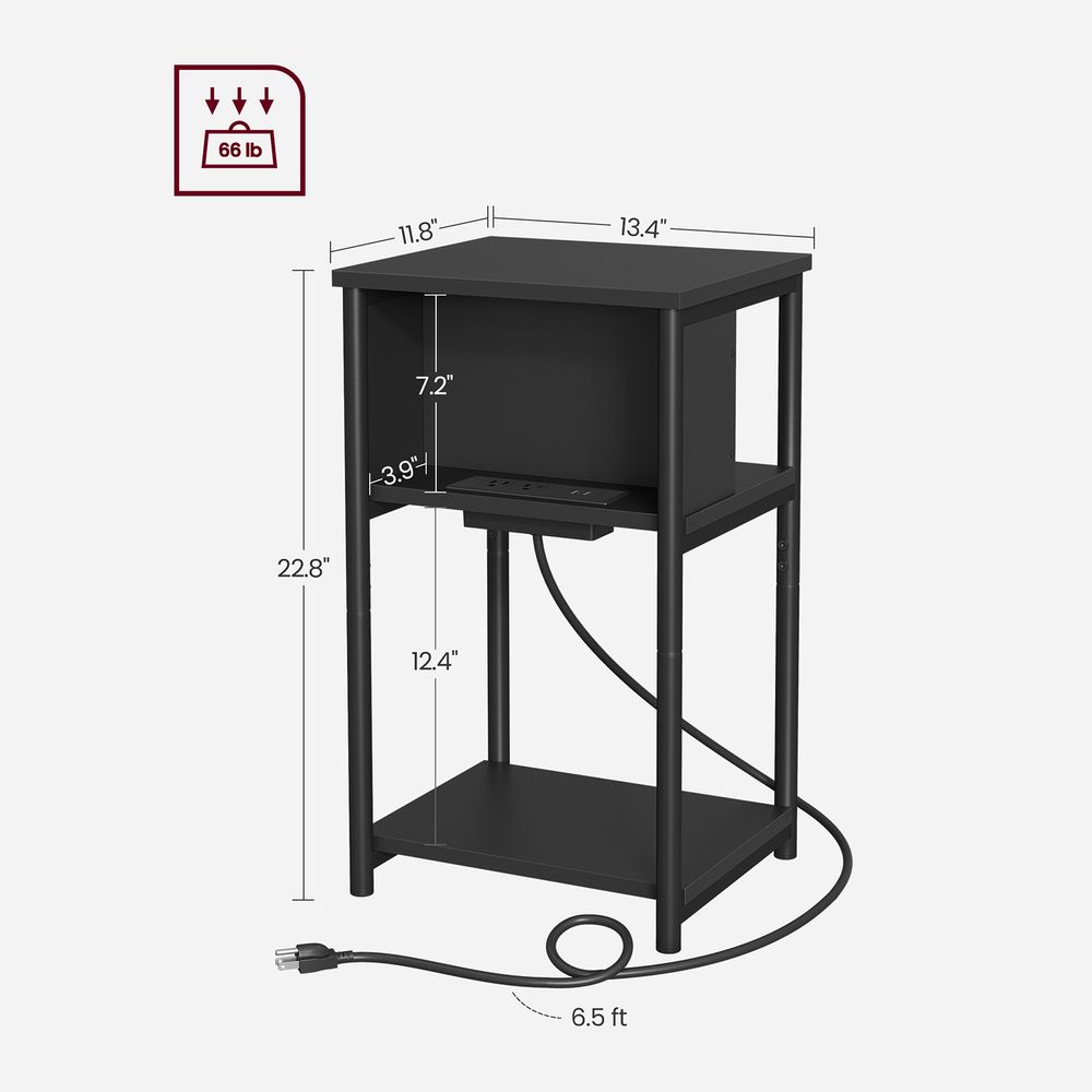 3-Tier End Table With Charging Station – USB Ports & Outlets – Slim Design