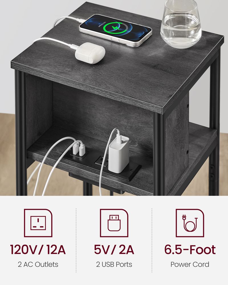 3-Tier End Table With Charging Station – USB Ports & Outlets – Slim Design