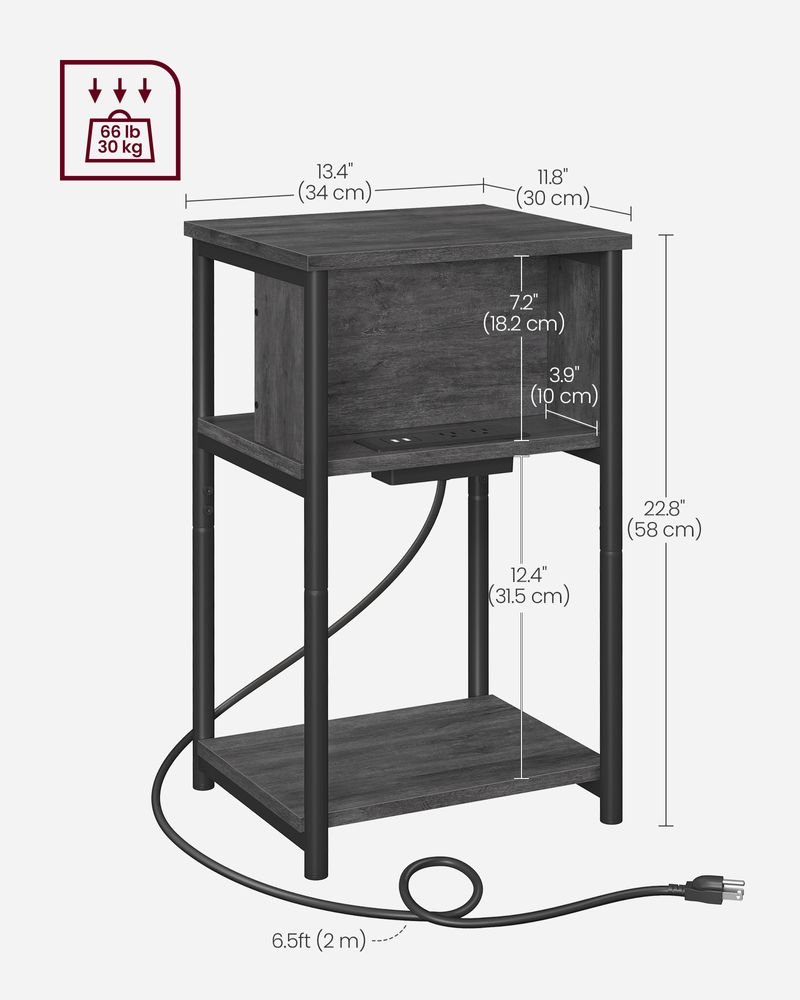 End Table - 3 Tier - USB Ports And Outlets - Slim Design